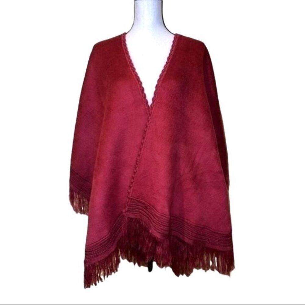 Poncho Womens One Size Burgundy Lightweight Layering Boho Fringe Wrap Vintage